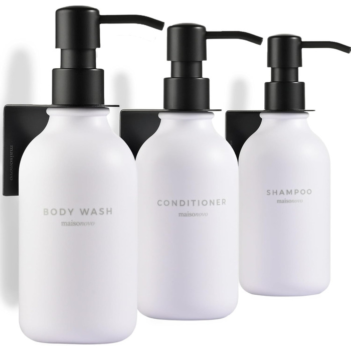 Шампунь MaisoNovo: Набір з 3 флаконів (500 мл) для душу та миття рук, настінний диспенсер, чорний насос, прозорий/чорний X 3