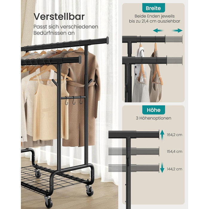 SONGMICS Стійка для одягу на коліщатках, важка, з 2 висувними штангами, регульована висота, з полицею та гачками, чорний HSR015B01
