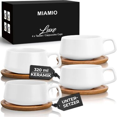 MIAMI - Set of 4 x 320 ml Coffee Cups/Cappuccino Cups with Saucers/Elegant/Modern/Coffee Cups made of Stoneware - Luxe Collection 4-Piece Set (White)
