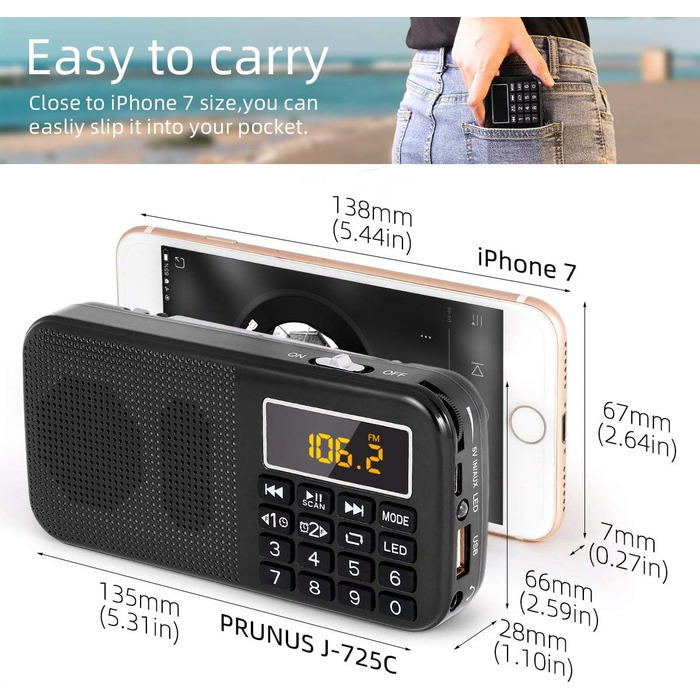 PRUNUS J-725 FM/UKW радіо: цифрове, з акумулятором 3000mAh, портативне, з USB/SD/TF/AUX, радіо-годинник, з аварійним освітленням (чорний)