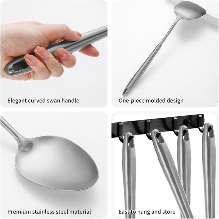 Набір кухонних аксесуарів 304 нержавіюча сталь, 12 предметів - набір кухонних інструментів з лопаткою, половником, ложкою, шумівкою, лопаткою для перевертання, щипцями (безпечно мити в посудомийній машині), сріблястий колір