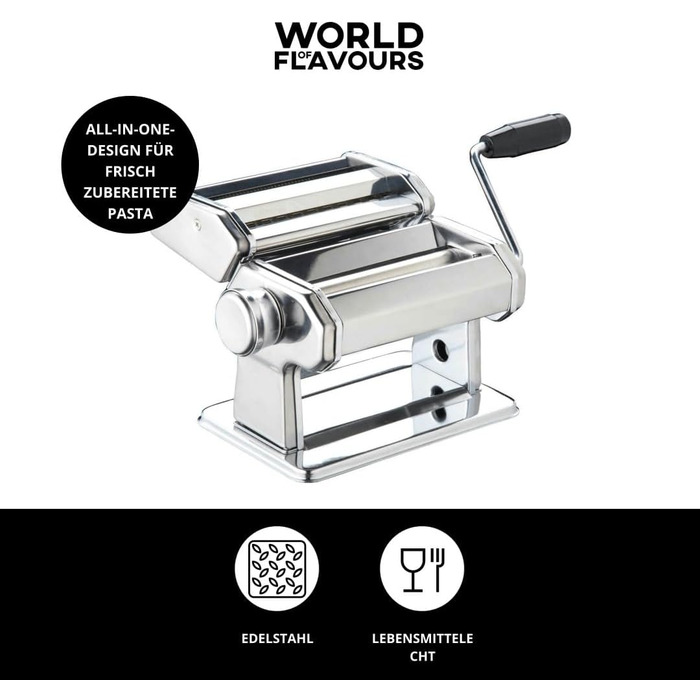 Машина для пасти KitchenCraft World of Flavours, механічна, 9 режимів товщини, італійський дуплексний ніж, нержавіюча сталь, срібляста