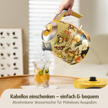 Електричний чайник Hazel Quinn Schneller 1.7л, 2200W, нержавіюча сталь 304, швидкий кип'ятіння, автоматичне вимкнення, захист від сухого кип'ятіння, вінтажний дизайн, BPA-free, перловий білий (жовтий з квітковим візерунком)