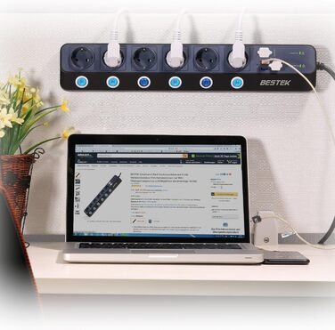 BESTEK Розподільник розеток з 6 розетками, 4 USB, захистом від перенапруги 900 Дж, з вимикачем, синьо-білий, 1.8м кабель