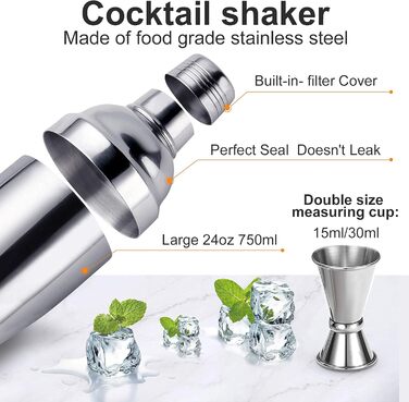 Cocktail Shaker Set, Stainless Steel Cocktail Set, 14-Piece Bartender Kit Bar Accessories, Cocktail Mixer Set with Wooden Stand, 750ML Cocktail Gift Set for Home or the Bar.