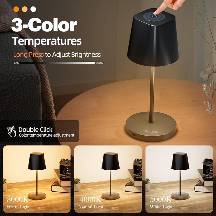 LED-лампа Quntis настільна бездротова, торкання, регулювання яскравості, акумулятор, USB зарядка, 3000K-5000K, 3 колірні температури, IP44, вологостійка, для дому та вулиці, чорна - 2 шт.