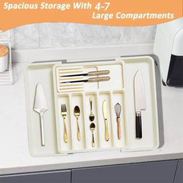 Органайзер для столових приборів ZHUlYIWIN в шухляду, розсувний, з тримачами для ножів, білий пластик