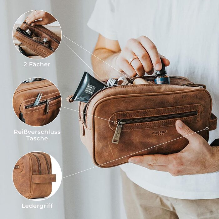 Шкіряна косметичка для подорожей Berliner Bags Premium Kulturbeutel Max, велика сумка для гігієни з 2 відділеннями для жінок та чоловіків (Camel)