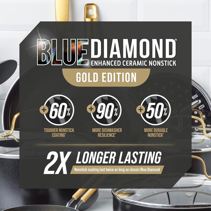 Набір посуду Blue Diamond Gold для індукційних плит, 14 предметів, з діамантовим керамічним антипригарним покриттям (без PFOA та PFAS), чорний