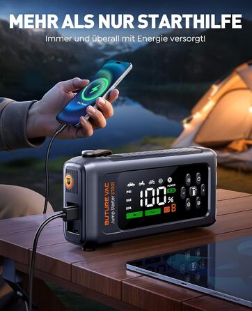 Powerbank Starthilfe 5000A з компресором 150PSI: акумулятор для авто 12V, бустер, аварійний старт, ліхтарик, рукавички