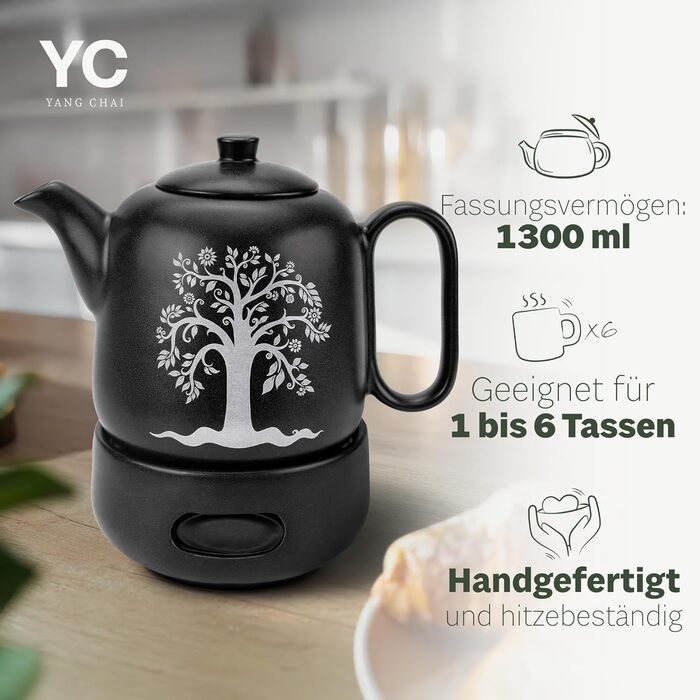 Чайник YC Tree з підставкою - керамічний, чорний матовий, 1.3л. З ситечком, без протікань, термостійкий. Ручна робота. Чайник з підставкою YC Tree, 1.3л