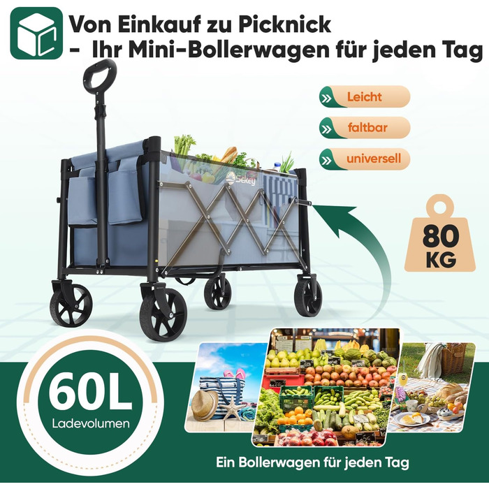Складний візок Sekey Bollerwagen 80 кг, синій 60л – компактний візок для покупок, кемпінгу з регульованою ручкою