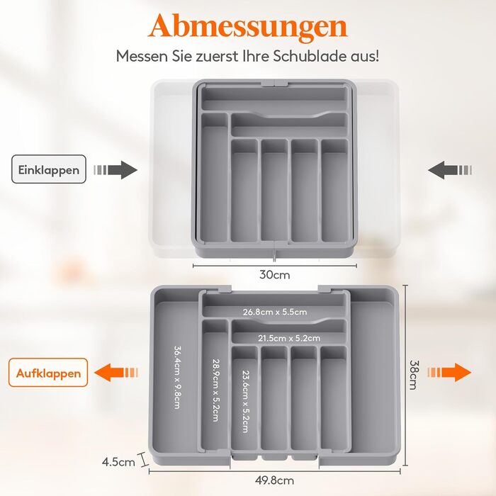 Органайзер для столових приборів Lifewit в шухляду, розсувний, пластиковий, 7-9 відділень, сірий, глибокий 38 см - великий розмір