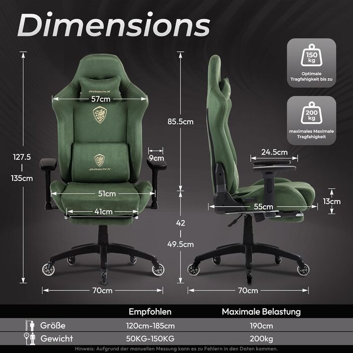 Ігровий крісло Dowinx з мікрофібри-велюру: дихаюче, ергономічне, з підніжкою (зелене)