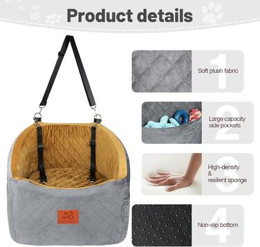 Автокрісло для собак HEGGOOE, сіро-коричневе, з пам'яті піною, для маленьких та середніх порід, з кишенями та страхувальними ременями