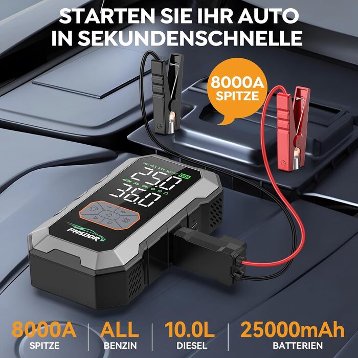 Пусковий пристрій (бустер) для авто 8000A з компресором 150 PSI та Powerbank 25000mAh, Jump Starter для бензинових та дизельних двигунів до 10.0L, з LED-ліхтарем, сріблястий
