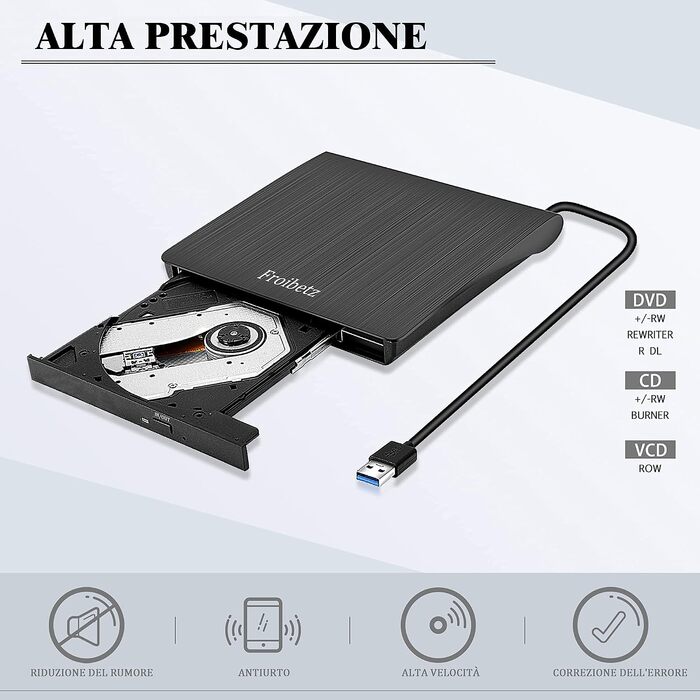 Зовнішній DVD-привід Antika USB 3.0: CD/DVD Brenner, записувач та зчитувач +/-RW для ноутбука та ПК (Windows, macOS, Linux), чорний