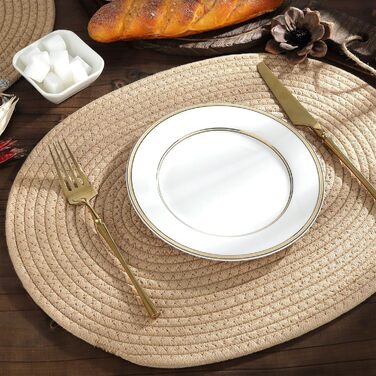 Fanquare Oval Woven Placemats Set of 6 Beige Cotton Rope Braided Placemats Heat-Resistant Washable Non-Slip Table Mats for Kitchen Dining Table, Home Decoration 30x40cm