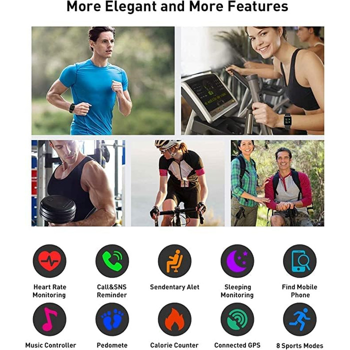 Fitpolo Розумний годинник для жінок, чоловіків та дітей. Фітнес-трекер з вимірюванням пульсу, водонепроникний IP68, повний сенсорний екран, моніторинг сну, музичне керування, сумісний з Android та iOS, чорний