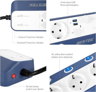 Мережевий фільтр BESTEK з 6 розетками, 4 USB, захистом від перенапруги 900 Дж, вимикач, синій та білий