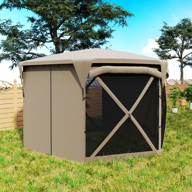Outsunny Hexagonal Gazebo approx. 3.5x3m Pop-up Folding Gazebo with Removable Roof UV 30+ Foldable Waterproof Party Tent Garden Tent with 5 Side Panels Garden Gazebo for Camping Garden Festival, Khaki | Aosom