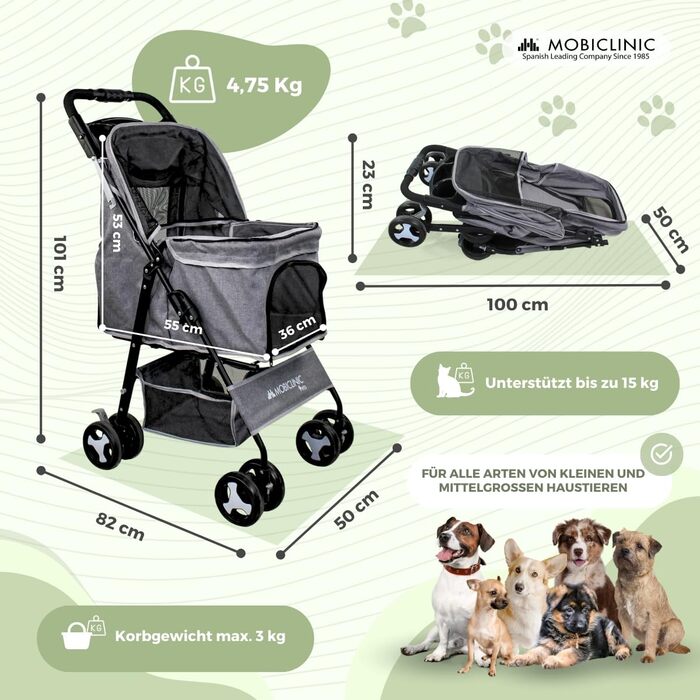 Mobiclinic® Pet Folding Dog Cart - 15kg Capacity, Small Dogs, Zuma Wheels with Brakes, XXL Storage Basket, 3 Zipper Windows & Mosquito Net, Cup Holder, Grey