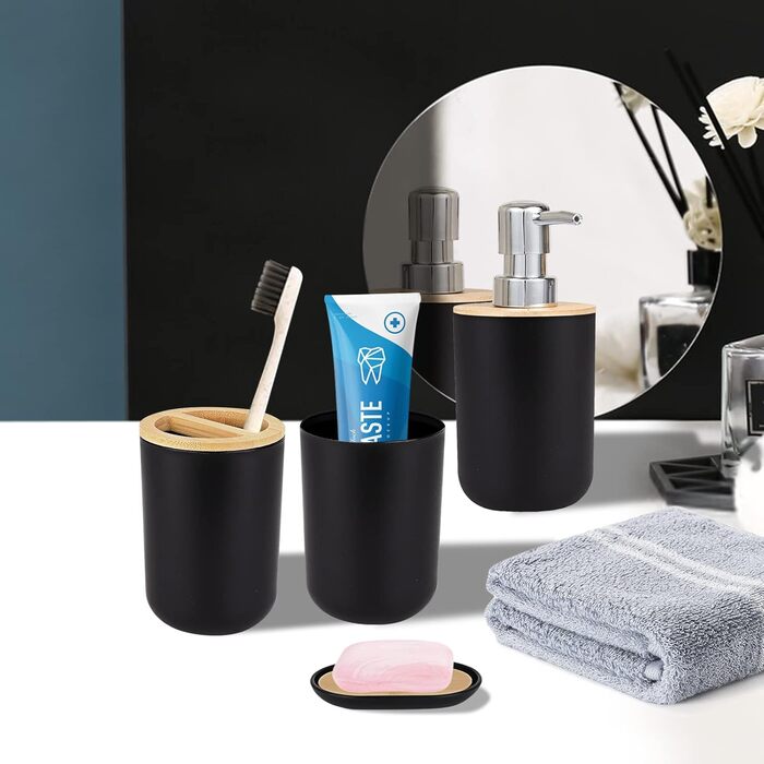 Bathroom Accessories Set - 6Pcs Bathroom Accessories Set made of Bamboo, Lotion Bottles, Toothbrush Holder, Tooth Cup, Soap Dish, Toilet Brush, Trash Can (4 Pcs Black)