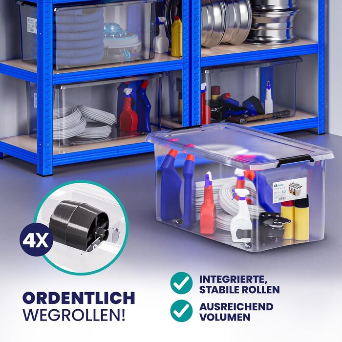 Deuba® Storage Boxes 6 x 60L with Lid and Wheels, Stackable, Transparent BPA-Free Plastic, Click Closure, RB60 for Office, Garage, Laundry Room