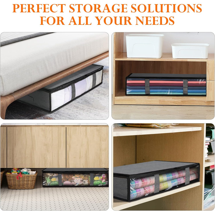 Коробки для зберігання постільних речей AiQInu, 4 шт, 60x45x15 см, сірі. Коробки для білизни з вікном та ручками, складні, для одягу, ковдр, постільної білизни