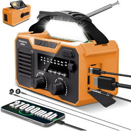 Радіо-зарядний пристрій Kurbelradio на 27000mAh з сонячною панеллю, FM/AM, Bluetooth 5.3, SOS-сигналом, компасом та ліхтариком для надзвичайних ситуацій та виживання на природі (зелений, оранжевий)
