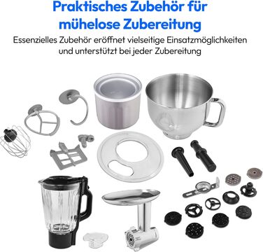 Кухонна машина MEDION MD18430: 3-в-1 (міксер, м'ясорубка, тістоміс), 5 л чаша з нержавіючої сталі, 1200 Вт, цифровий дисплей, чаша для льоду, титан