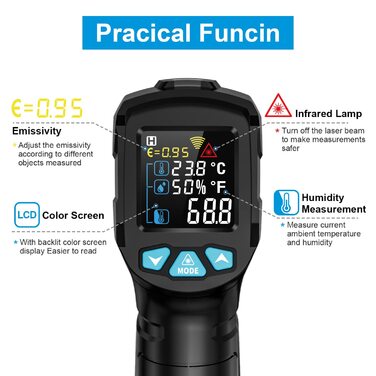 Інфрачервоний термометр MESTEK: безконтактне вимірювання температури (-50°C ~ 800°C) з лазерним цільовим покажчиком, LCD дисплеєм та регулюванням коефіцієнта випромінювання. Підходить для кухні, грилю, морозильної камери, промисловості.