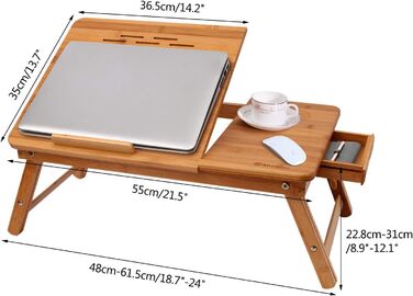 Столик для ноутбука Bathwa з бамбука, регульований, складаний, з ящиком (55 x 35 x 29 см)