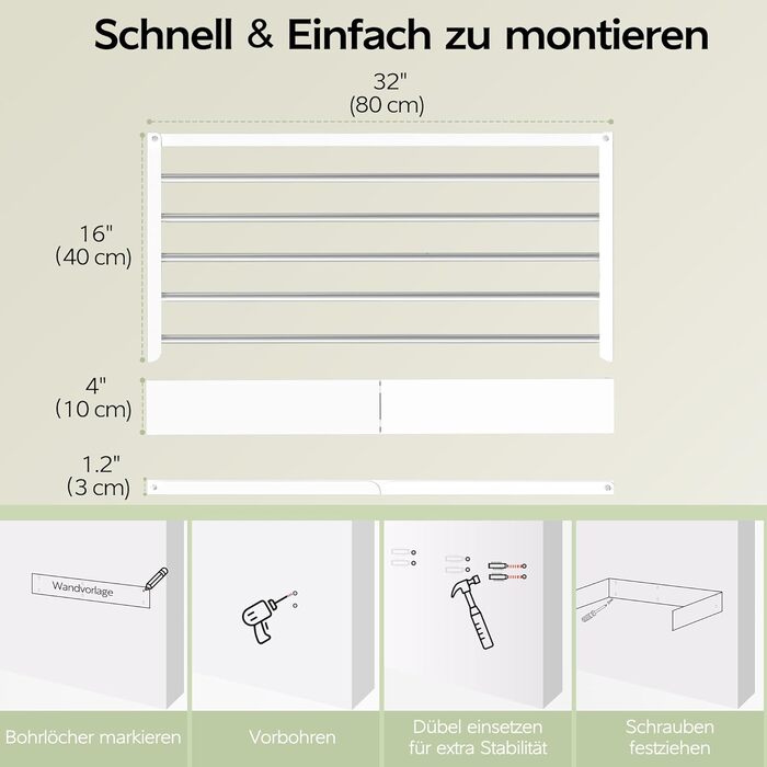Настінна сушарка для одягу розкладна 32', Біла - Kleidung zusammenklappbar, Handtuch-Trockengestell