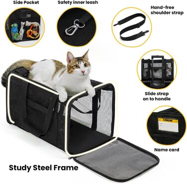 Транспортна переноска для кота Conlun, м'яка переноска з сіткою з 4 сторін, підходить для перевезень літаком, для кошенят та малих котів до 6 кг, чорна, 43x28x28 см