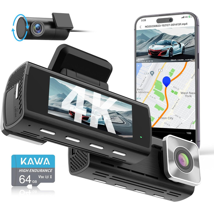 Відеореєстратор KAWA 4K Dual з GPS, WiFi, IPS екраном та 64GB SD-картою