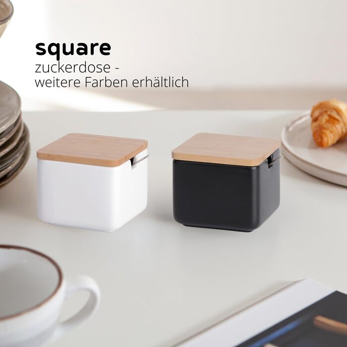 Керамічна цукерниця з ложкою та кришкою з бамбука - цукерниця для дому та кухні, сучасна куляста форма, для цукру, сиру, спецій, 10 x 10 x 9 см (Біла Кругла) (Чорна)