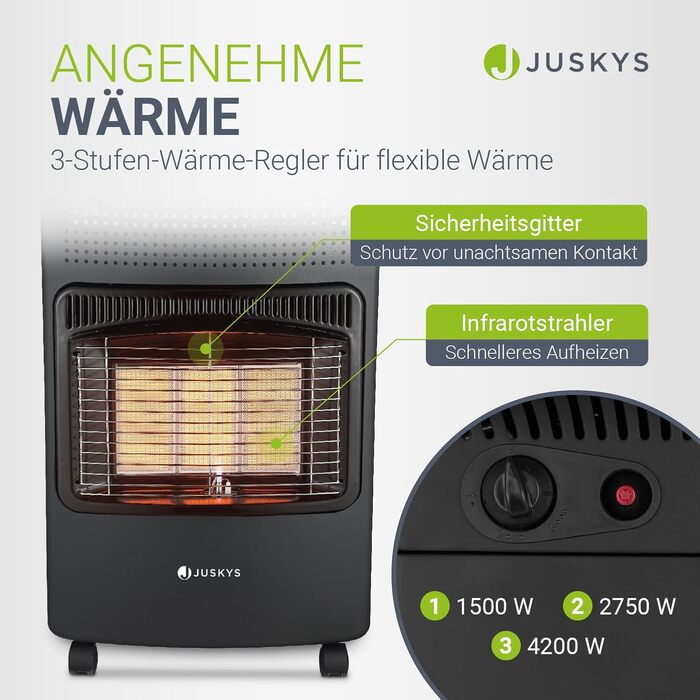 Газовий обігрівач Juskys® GS42US - 4200 Вт, чорний колір, з регулятором тиску та шлангом. Мобільний, ефективний та енергозберігаючий газовий нагрівач, газовий камін, газове обладнання