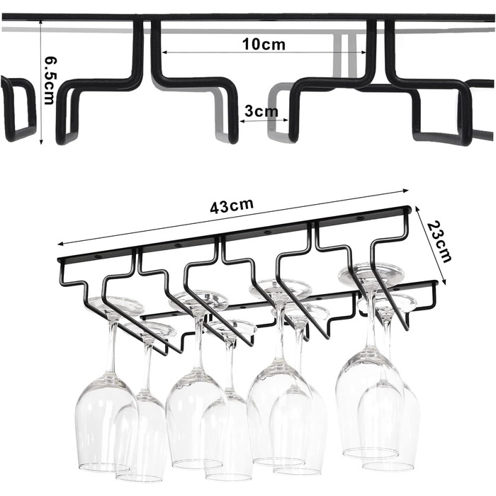 Тримач для келихів вина під шафу, металевий, 4-х рядний, на 8-12 келихів, антикорозійний, для бару, кухні, кафе (знімний), чорний