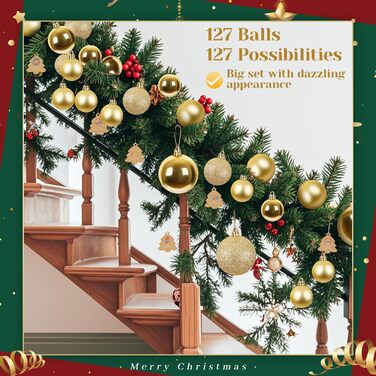 Набір прикрас для ялинки 141 шт., кульки для ялинки з пластику, матові, глянцеві, з блискітками, з вирізаним візерунком, ялинковий декор для дому та вулиці (золотий)