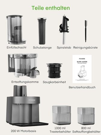 FOHERE Slow Juicer, Vegetable and Fruit Extractor, 119MM Opening, Electric Cold Press with Quiet 200 Watt Motor, Easy to Clean with Double-Layer Filter and Reverse Function