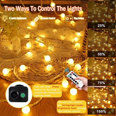 LED гірлянда на батарейках, 20м, 150 LED кульки, гірлянда з вилкою для внутрішнього та зовнішнього використання, 8 режимів світіння, IP45 вологостійка, ідеальна для Різдва, весілля, вечірки, саду, тепле біле світло