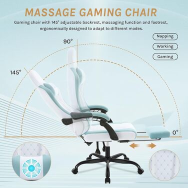 WOLTU Gaming Chair with Massage Function, Computer Chair with Pocket Spring Cushion, Ergonomic Gamer Recliner, Swivel Chair with Headrest, Lumbar Pillow, Footrest, Mesh Fabric, White+Blue, GS15bws White+blue Mesh Fabric