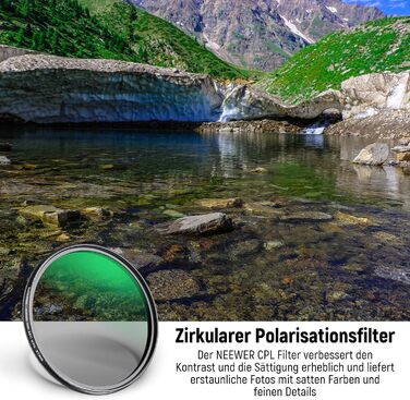 NEEWER Поляризаційний фільтр 67mm з 24 шарами, Nano MC CPL, для об'єктивів камери, зменшує відблиски та покращує контраст | HD скло