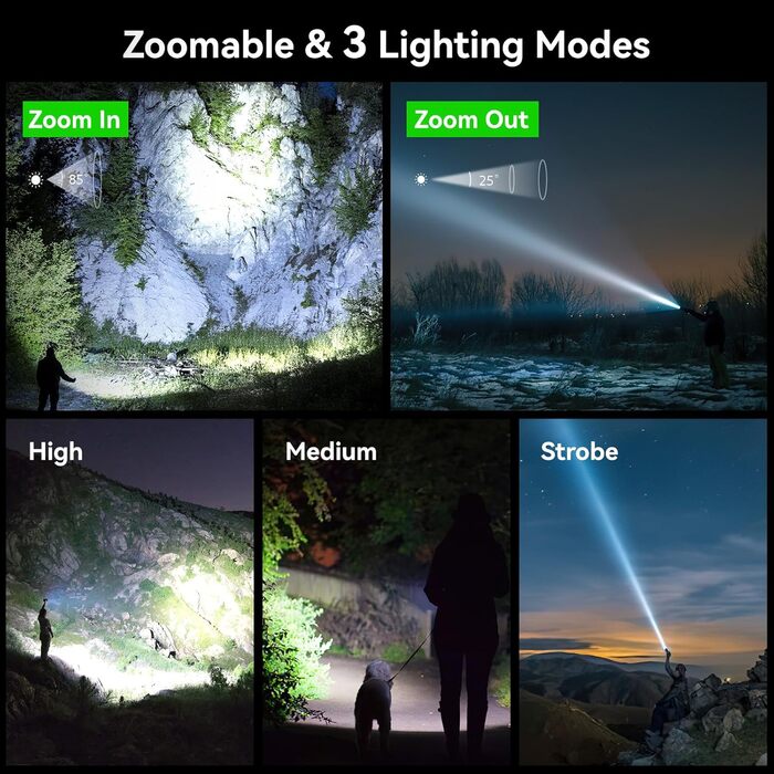Тактичний ліхтарик Gearlite: перезарядна LED лампа 3000 люмен з зумом, 3 режими, водонепроникний IP65, для кемпінгу, риболовлі, тактики