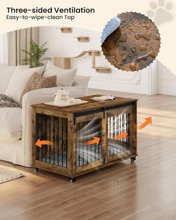 Клітка для собак EUGAD, 100 см, з 2 дверцятами та 5 колесами, для великих, середніх та маленьких собак, декоративна переноска для дому, вінтажний коричневий колір