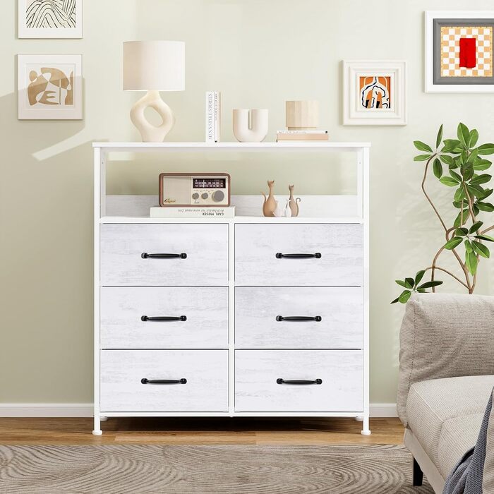 LYNCOHOME Chest of Drawers, Fabric Chest of Drawers, TV Stand Sideboard with 6 Fabric Drawers, Storage Cabinet Bedroom Drawer Chest Kitchen Organizers Furniture for Office Hallway (White-826)