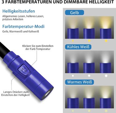 LED лампа на шию LUXJET для читання, в'язання, ремонту - акумуляторна, 3 кольори світла, регульована яскравість (темно-синій)