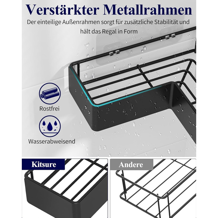 Поличка для душу Kitsure L-подібної форми без свердління - 2 шт. Міцна поличка для кута без свердління з 4 гачками та клейкими смугами, нержавіюча сталь для ванної, кухні та пральні, 24,4 x 11,9 x 6,2 см, Чорний