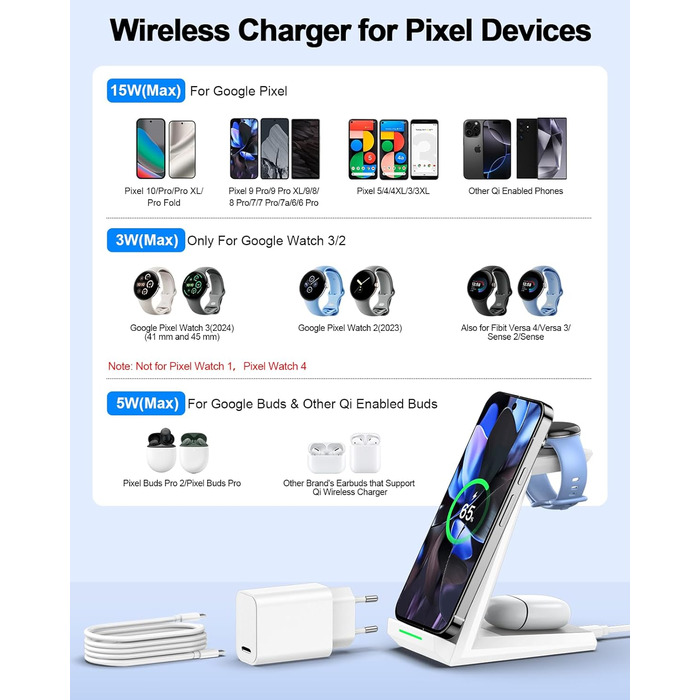 Бездротова зарядка NANAMI 3-в-1 для Google Pixel Watch 3/2, Fitbit Versa 4/3, Pixel 10 Pro/10/9/9a/8/7, Pixel Buds Pro 2 (Класичний Білий)